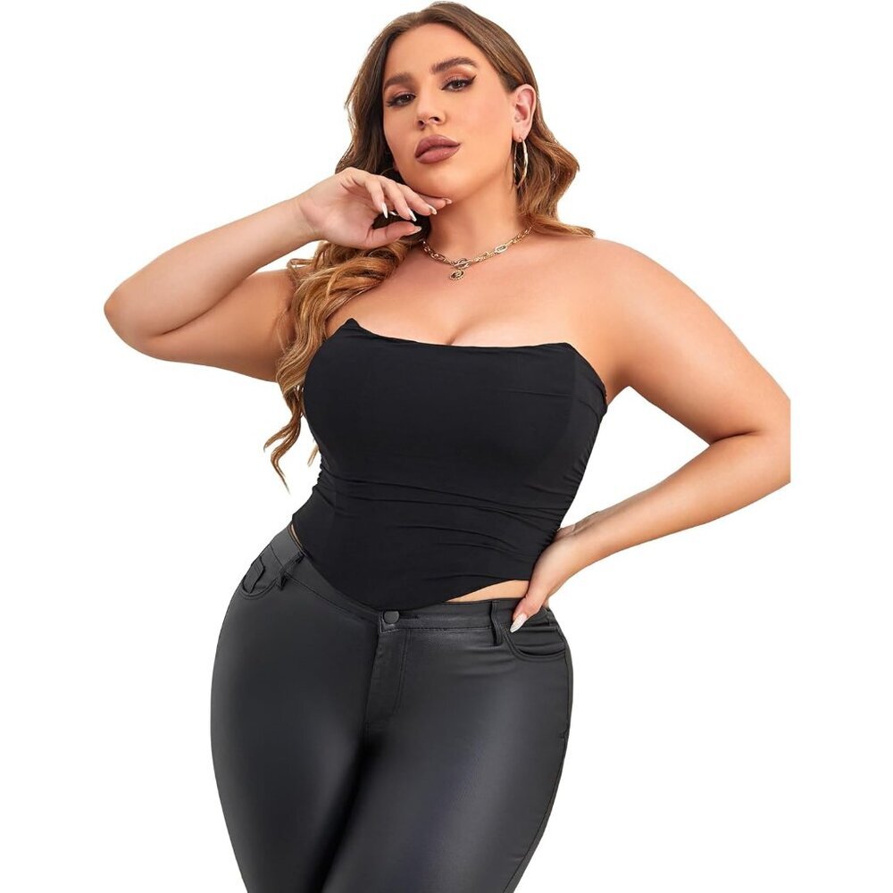 Plus Size Strapless Lace Up Corset Top Women Shapewear Tube Black